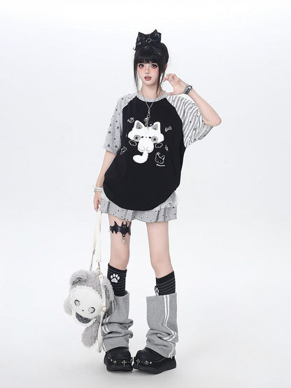 Black Short Sleeve Tee with 3D Plush Kitty - CRAZY GIRL