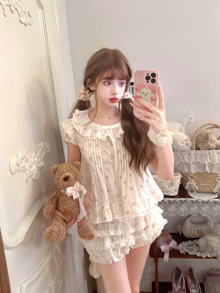 Dollcore Blouse Beige Floral  Ruffle Trim Print With