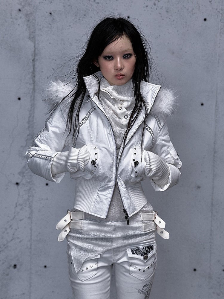 Hoodie Placket Two-Way Wasteland White Knitted Jacket Sleeves with Zip Punk