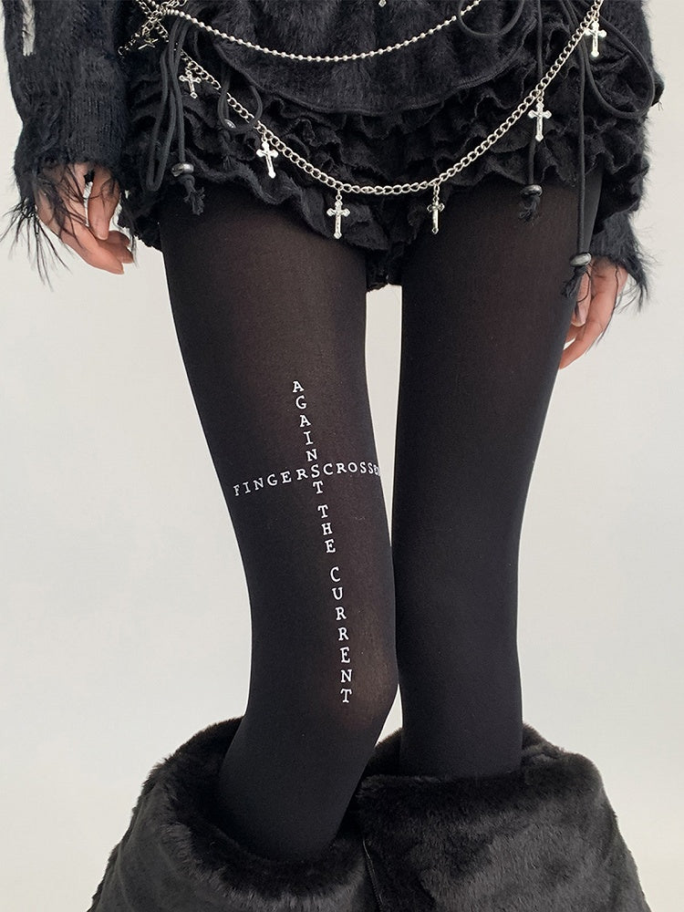 Print Text Black Tights Opaque Cross
