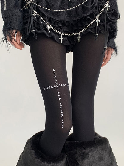 Print Text Black Tights Opaque Cross