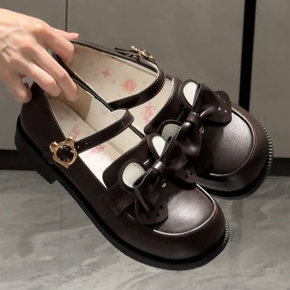 Bow Brown Matte Bear-shaped Shoes and Removable Bear Preppy Ear PU Style in Low-heel Leather Fastener