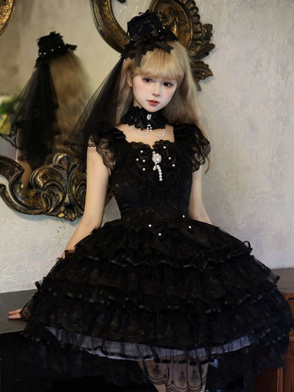 Schmetterling Hanayome Rock Stufenkleid Hime Mieder Lolita Stoff Ganz Schwarz