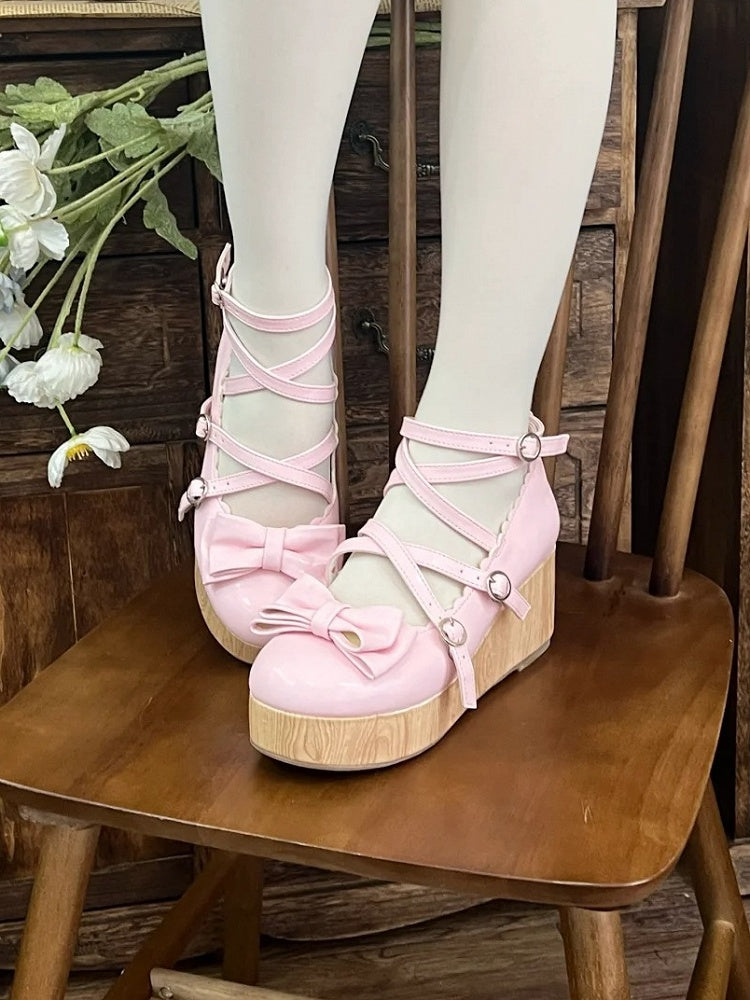 Bow Wedge Lolita Top Pink Design - at Crisscross Sweet PU Platforms