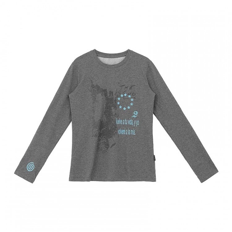 Y2K Gray Crew-Neck Long-Sleeved Loose Tee with Distressed Graphic - innomoood