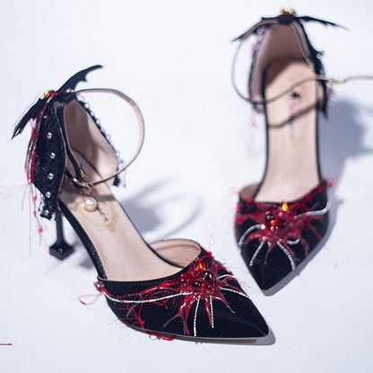 Spider Heels Gothic Pointed Heart Design Toe Decorated Lolita High 5CM/8.5CM BlueRed