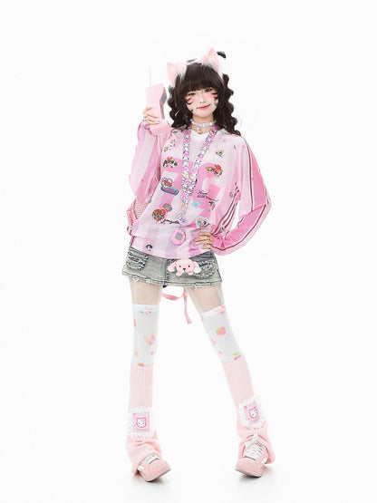 with Striped Sleeve Print Cartoon Long Top Purple/Pink Breathable