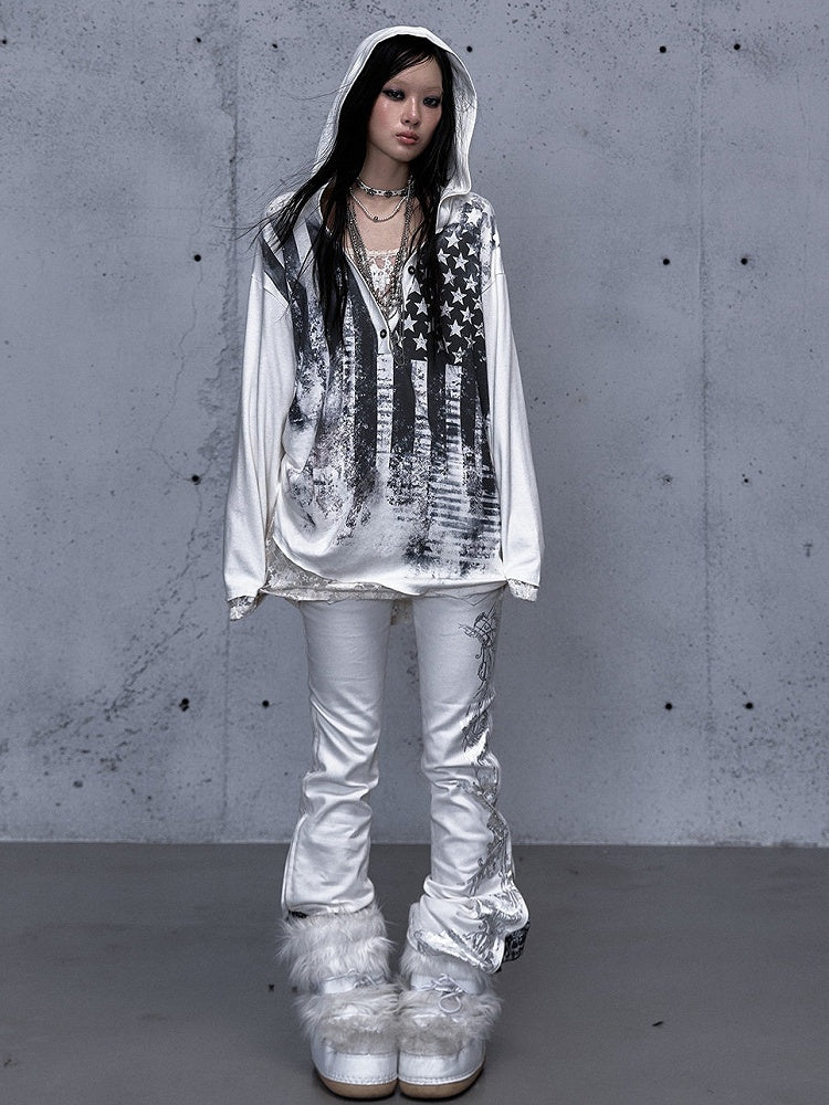 Loose Lace V-Neck Two-piece Top Star Sleeve Panel Off-white Hooded Long Print