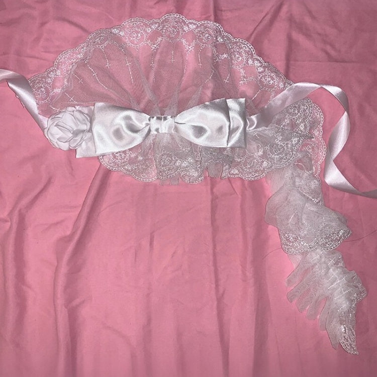 Floral Design Big Hairband White/Black Bow Trim Lace