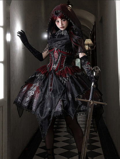Black & Red Bone Dragon Embroidery Halter Neck Gothic Lolita Dress Set - Ying Luo Fu