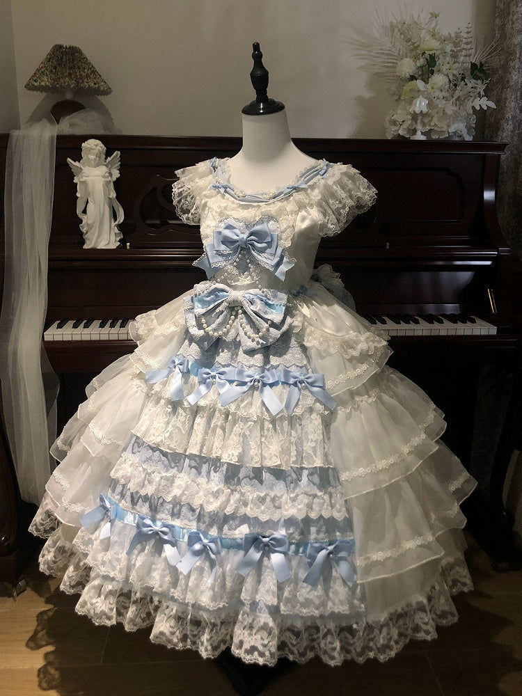 Schleifen und Rock Dekoration Kleid Vollstufiges Set Hanayome Blau Weiß Lolita JSK Hime