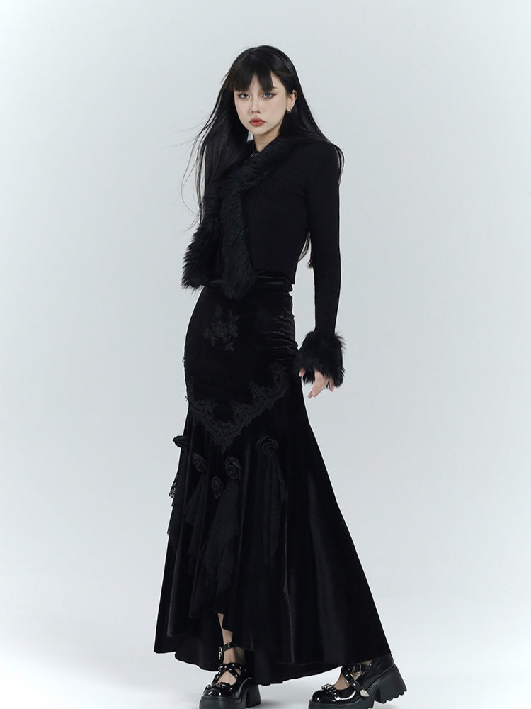 ゴシックブラックベルベットロゼットレーストリムハイローマーメイドスカート