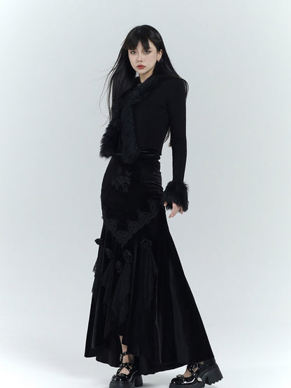 ゴシックブラックベルベットロゼットレーストリムハイローマーメイドスカート