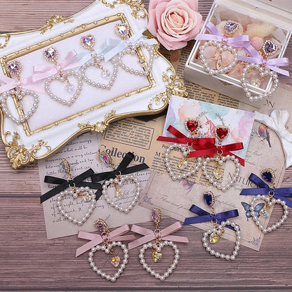 Kei Earrings Heart 7 Options Rhinestone Color Jirai Bowknot