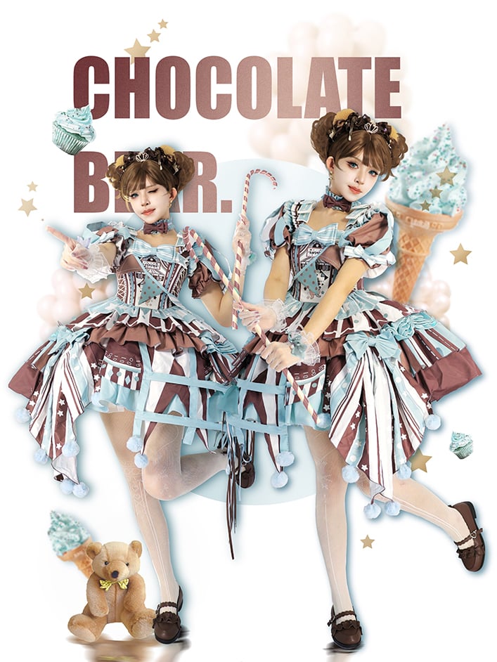 Brown Skirt Sleeves Detachable with Embroidery Dress Circus Lolita Jumper Bunny Blue Sweet Puff and