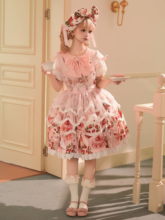 Strawberry Print Pink Sweet Peter Pan Collar Lolita One Piece Full Set