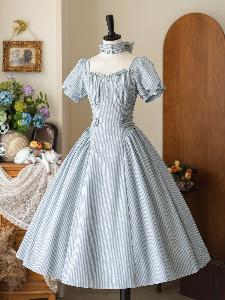 Square Sleeves Fabric Blue Dress Puff Neckline Striped Vintage Fashion Retro