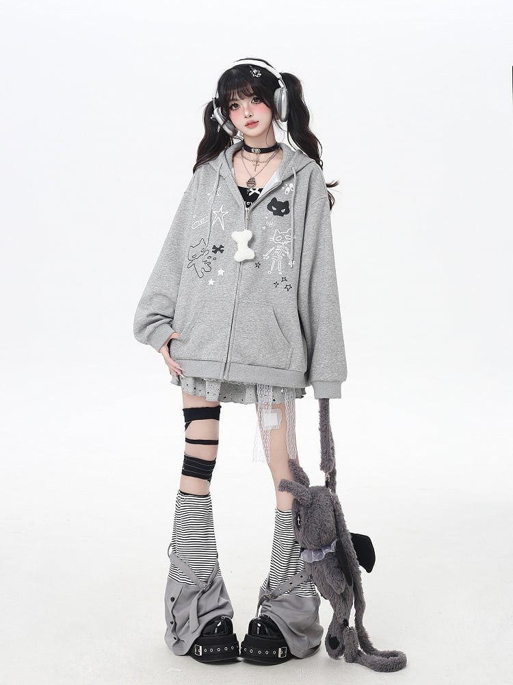 Bone Plushie Schwarz/Grau Zip-up Hoodie mit Kitty Ohren Kapuze und