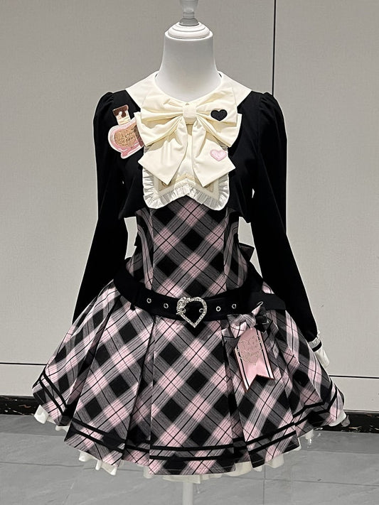 Black Dress Pink Lolita Accents Buckle Faux Two-Piece Plaid Bow Heart-Shaped with Sweet and
