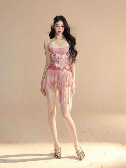 Top/Cherry Blossom Print Asymmetrical Hem Shorts Pink Cherry Blossom Embellished Cami