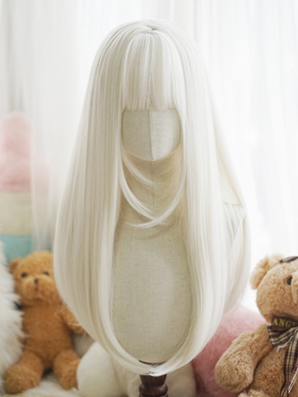 Schwarz/Weiß/Hellblond/Blond/Karamell/Grau Lange, glatte Perücke mit vollem Pony