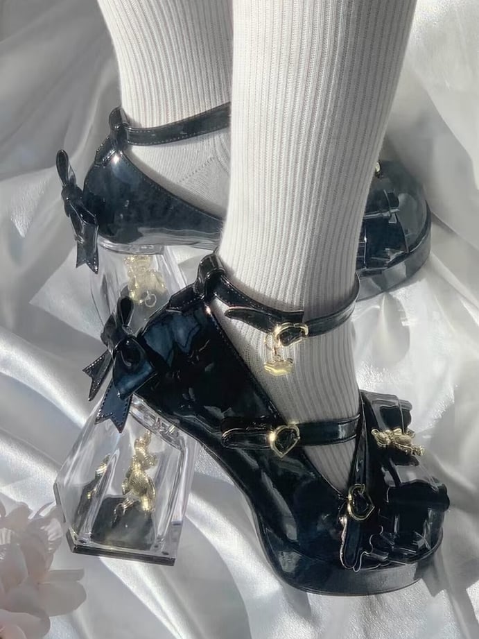 Heels - Block Leather Black High PU Crisscross Straps Lolita Sweet