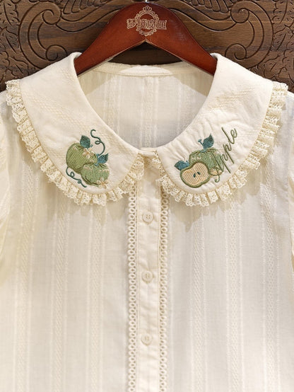 Green Apple Embroidery Collar Cream Short Sleeve Top - Dream Magic Box