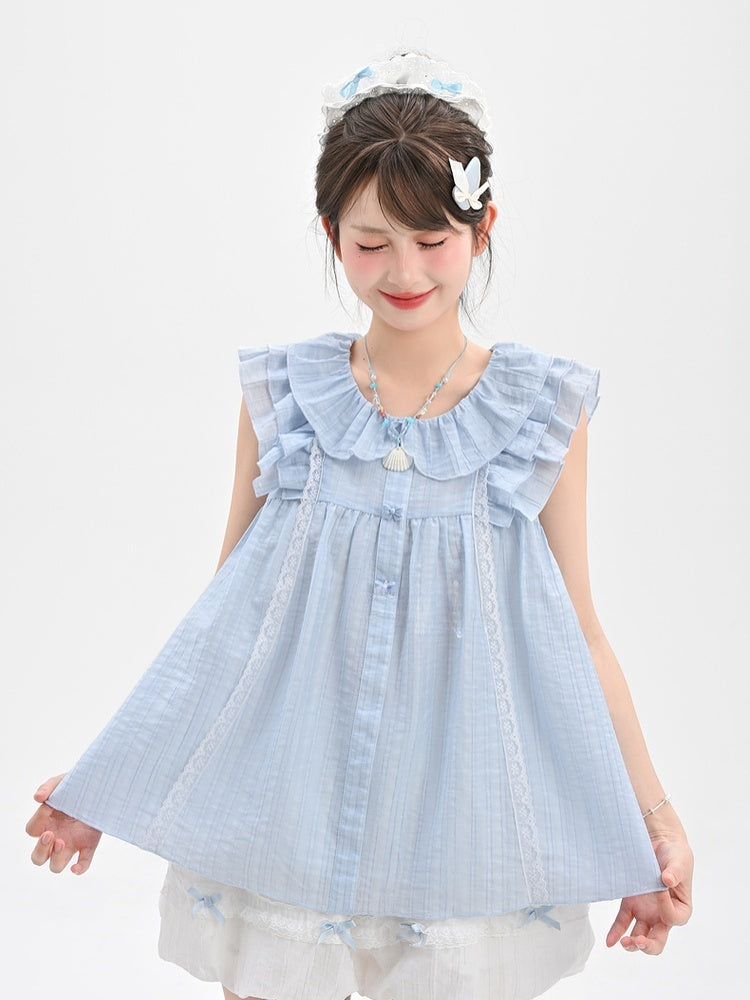 Sweet Tank Top Blue Peter Pan Collar Tiered Flutter Sleeves Bow Buttons