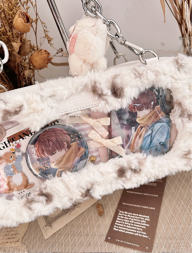White Plush Ita Bag with Cute Puppy Charm - Daylight