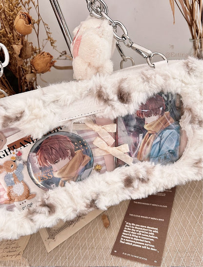 White Plush Ita Bag with Cute Puppy Charm - Daylight