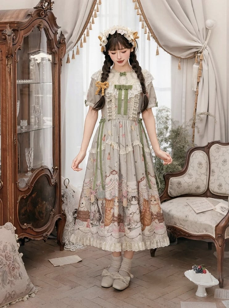 Green Cat Print Round Neck Sweet Lolita Dress with Lace Trim - NyaNya