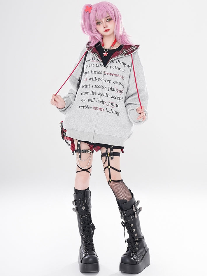 Y2K Black/Grey Letters Loose Zip Hoodie