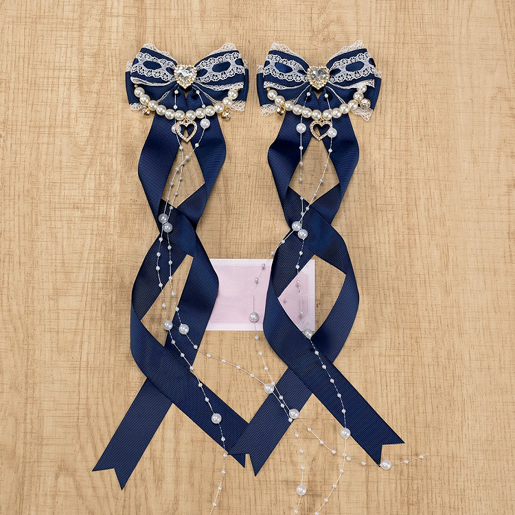 Colors Jirai Kei Heart Rhinestone 5 Bow Hairclips with Beaded Chains