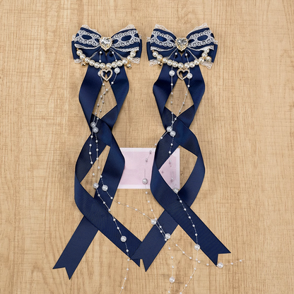 Rhinestone Bow Hairclips with Beaded Chains 5 Colors Jirai Kei Heart