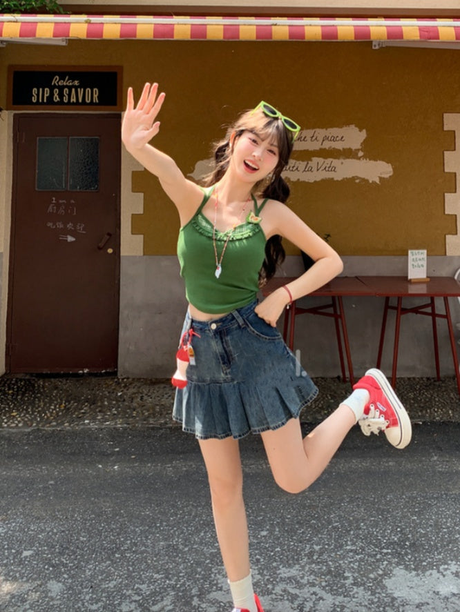 ウエストプリーツデニムスカート ブルーハイ