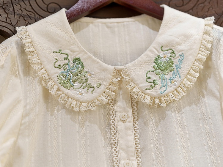 Green Grape Embroidery Collar Cream Short Sleeve Top - Dream Magic Box