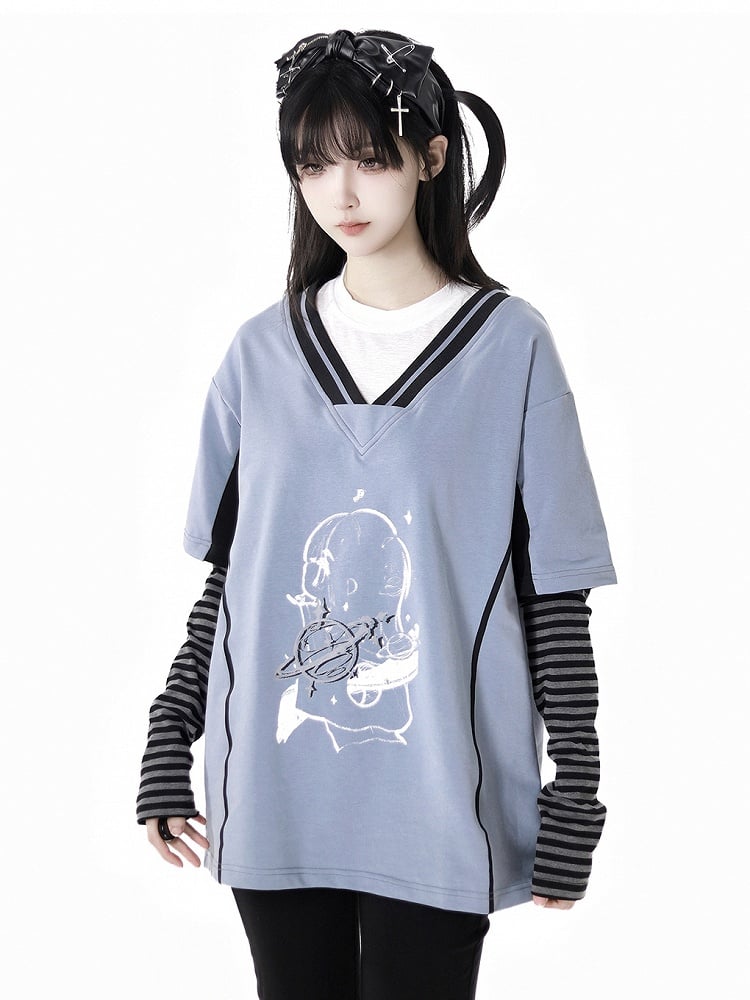 Two-pieces Neck Blue/Red Round Faux Light Graphic T-Shirt