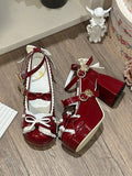 Heel A Toe Lolita Shoes Bow Delicate Red PU Round with 8cm