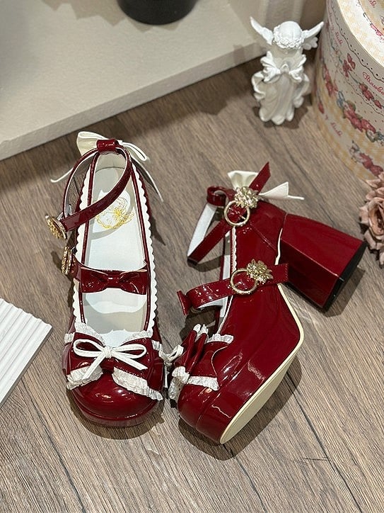 Heel A Toe Lolita Shoes Bow Delicate Red PU Round with 8cm