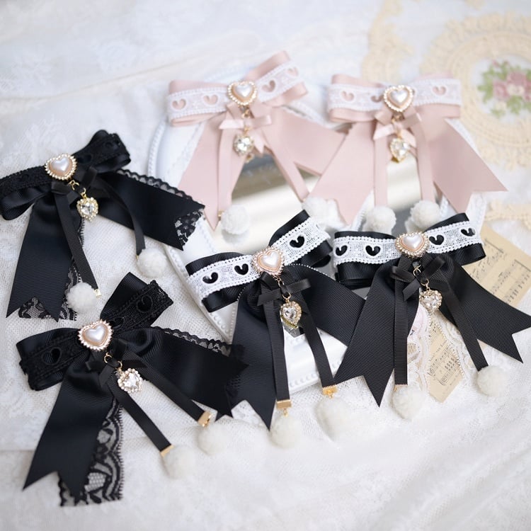 Jirai Kei Lace Bow Hair Clips with Beaded Heart