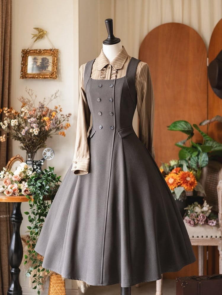 Lacing Dress Gray Waist Back and with Retro Cinched Midi Fashion Elegant Neckline Square