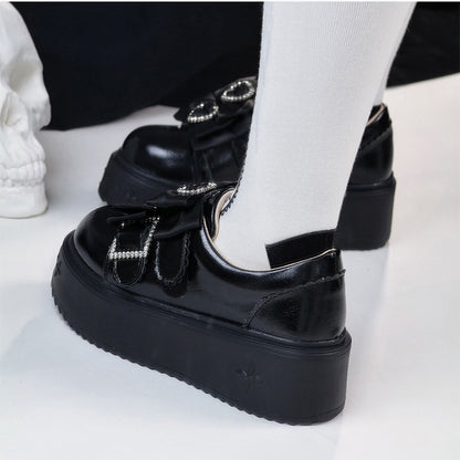 Thicken/Regular Rhinestone Accents Kei Decor Version with Heart Jirai Bow Platforms in Slip-on Black