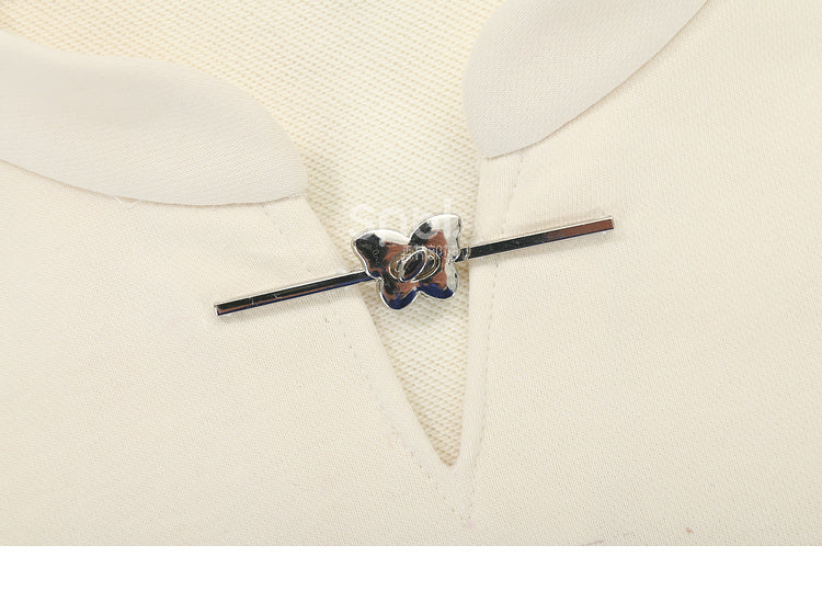 Banded Butterfly Print Sweatshirt Collar Style Cheongsam Black/Apricot