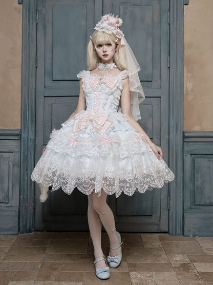 Blue Multi-Layer Lace Trim Lolita JSK with Bow and Bead Chain Decorations - White Sugar Girl