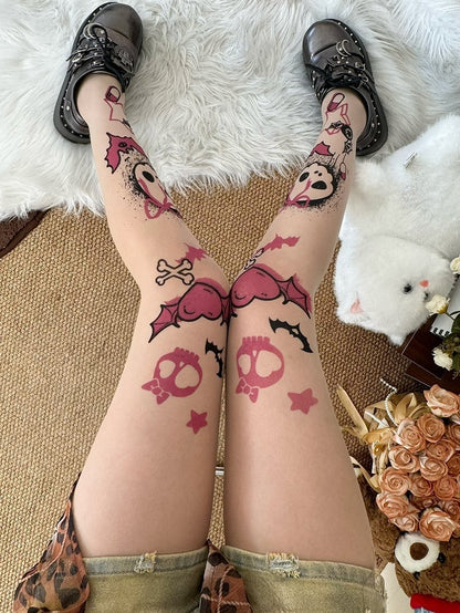 Skeleton Bone Bittersweet Print Tights Y2K And Nude Heart