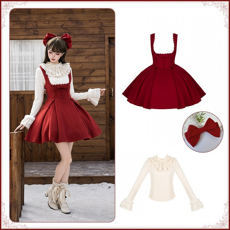 + Version Beige Hairclip Top New Short Bow Year Under JSK Lolita Knit Bust Red