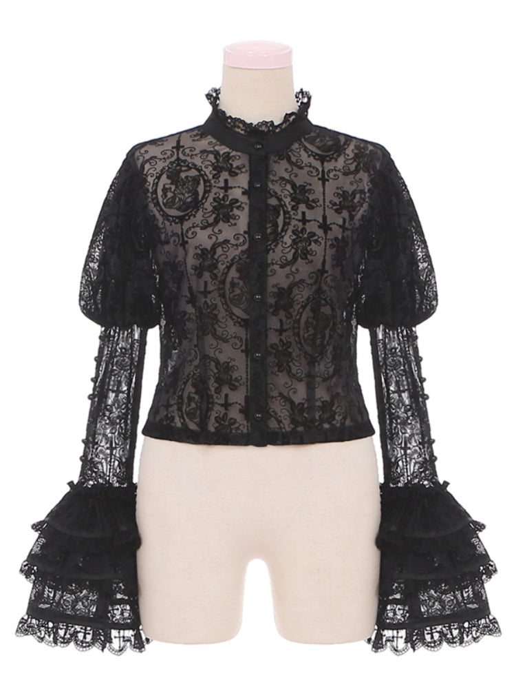 Gothic Lolita Kuro Black Floral Lace Blouse