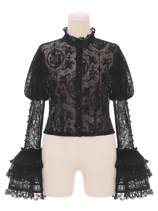 Gothic Lolita Kuro Black Floral Lace Blouse