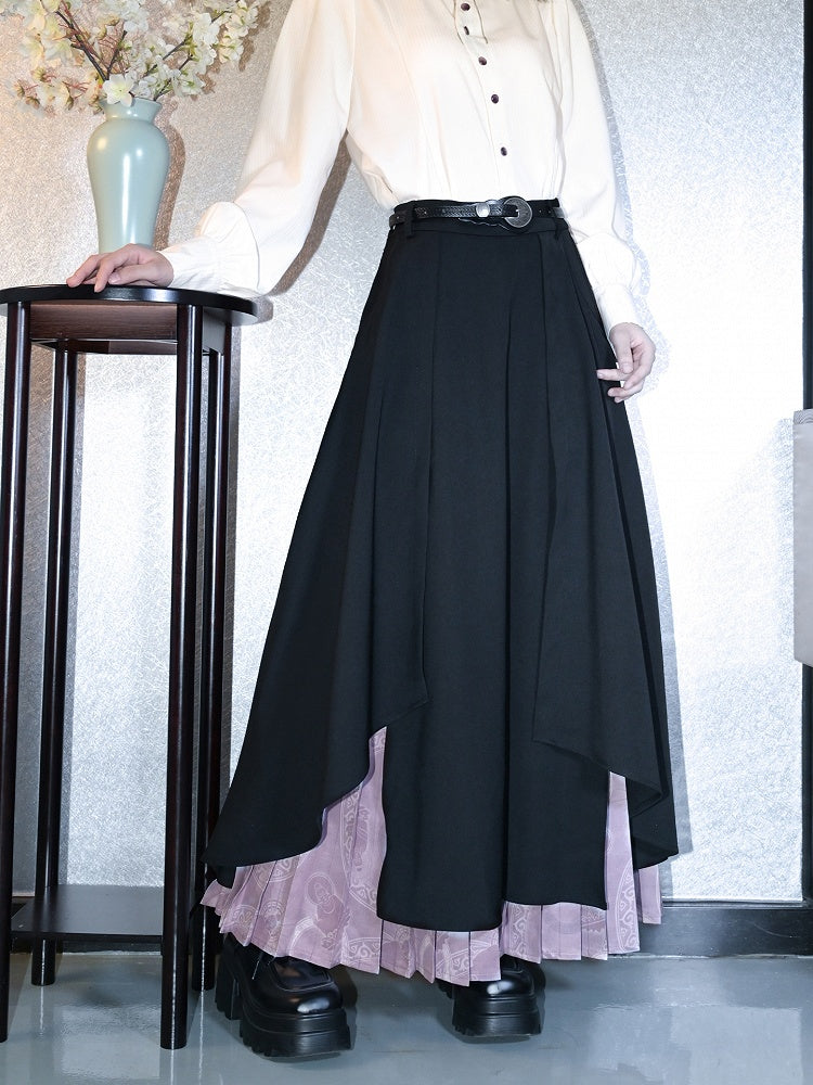 Double-Layer Split Skirt Irregular with Pleated Black Purple Hem Cheongsam Regular/Thin