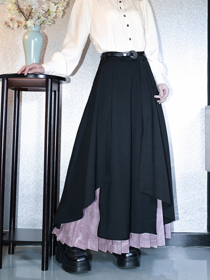 Double-Layer Split Skirt Irregular with Pleated Black Purple Hem Cheongsam Regular/Thin